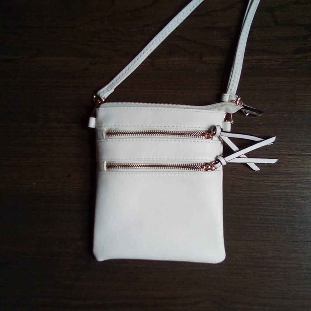 Vegan Leather Triple Zipper Crossbody Shoulder Bag White